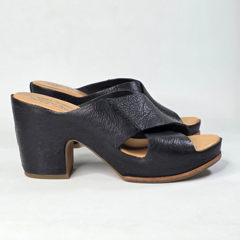 Kork-Ease Black Leather Platform Slide Sandals Block Heel Mules Shoes Size 8 M